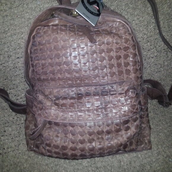 VALENTINA-Woven Brown Leather Traditional Shape Backpack/Knapsack-GORGEOUS! NWT - Picture 2 of 9